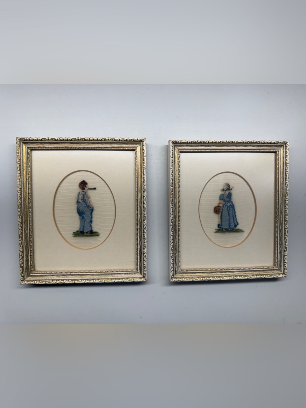 Petit Point Dutch Farmer Couple Traditional Clothing Fine Details Framed Art